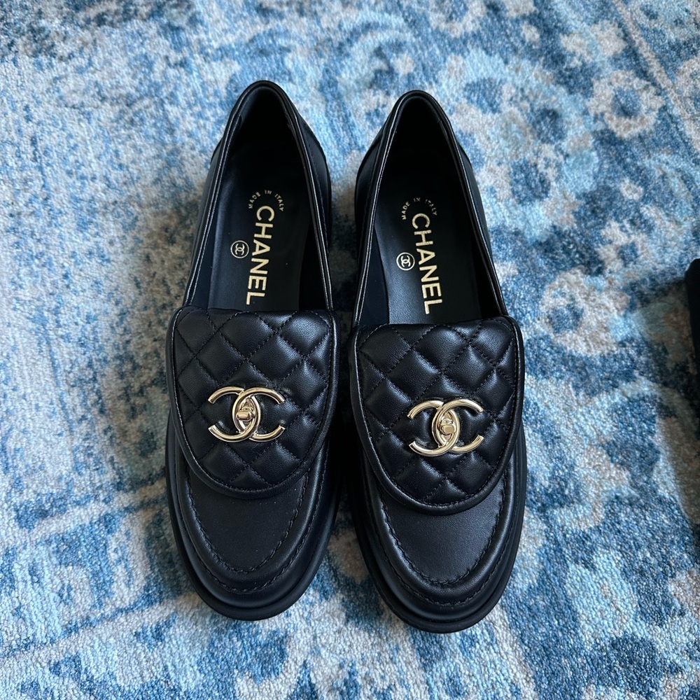 Chanel Black Quilted Flap Turnlock CC Logo Gold Mule Loafer, SZ 37.5